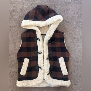 Daytrip Women’s Sherpa Lined Hooded Vest Buffalo Plaid Brown Black Size M NWOT